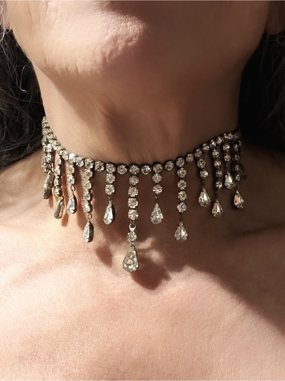 Vintage Sterling CORO Rhinestone Graduated Teardrop Fringe Choker Necklace